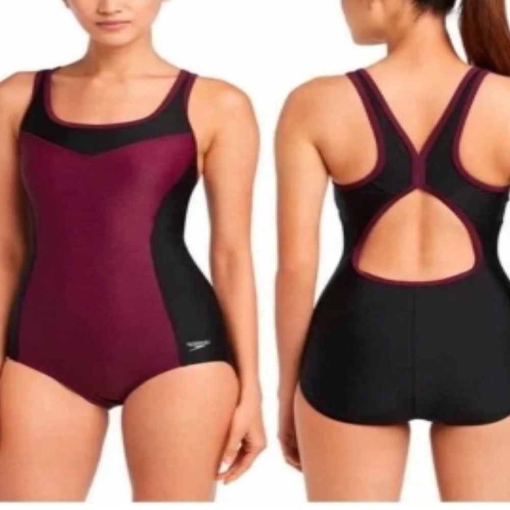 Speedo Sz Large One Piece Burgundy Black Open Back Swim
